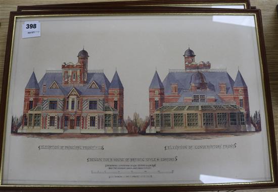 English School c.1881, 4 ink and watercolour architectural studies, Design for Artistic Style and Comfort, 34 x 51cm